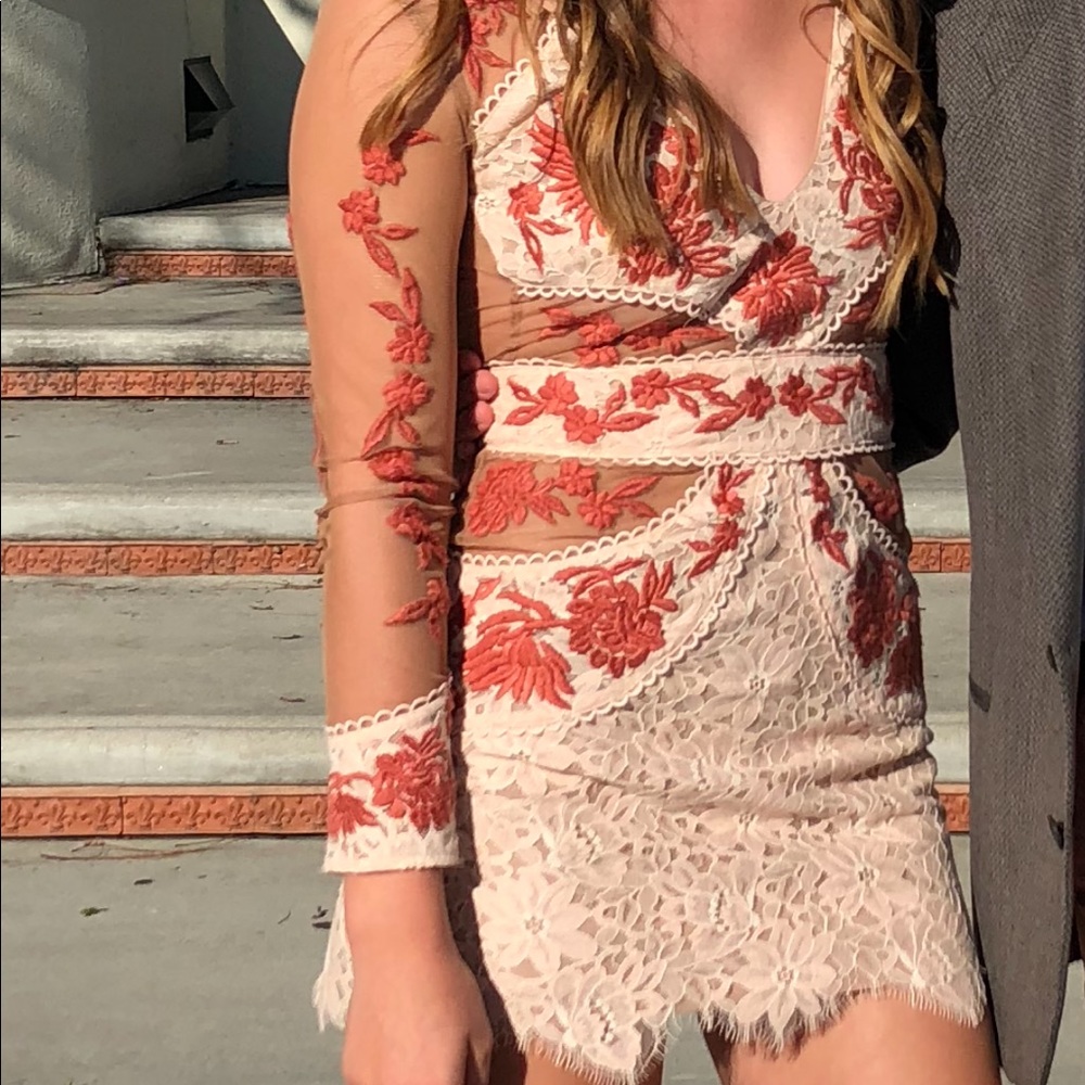 FOR LOVE AND LEMONS coral and tan lace dress.